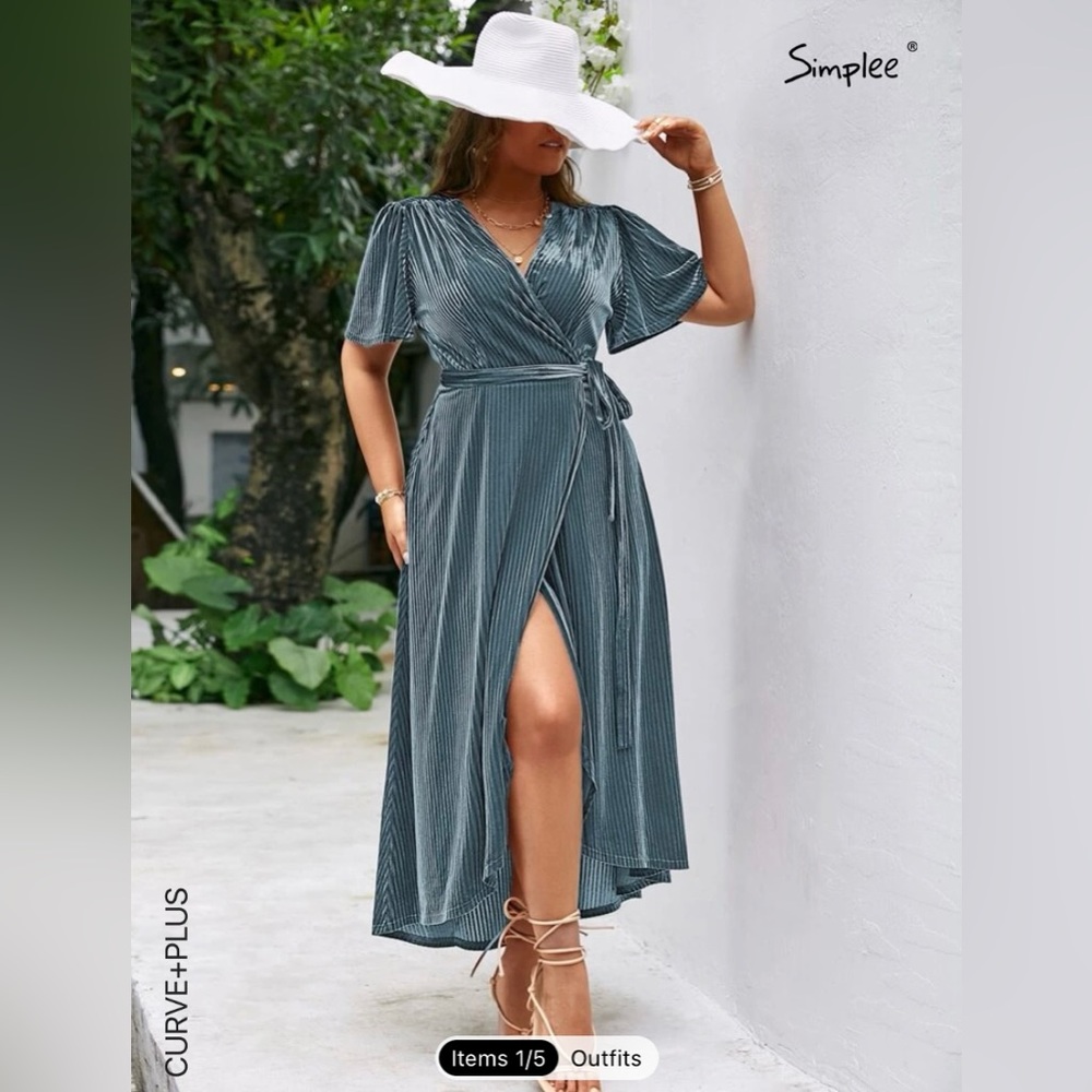 Light blue velvet wrap dress